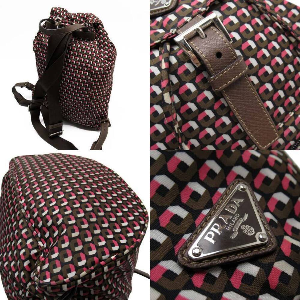 Prada Pink Black Triangle Logo Backpack Leather Brown